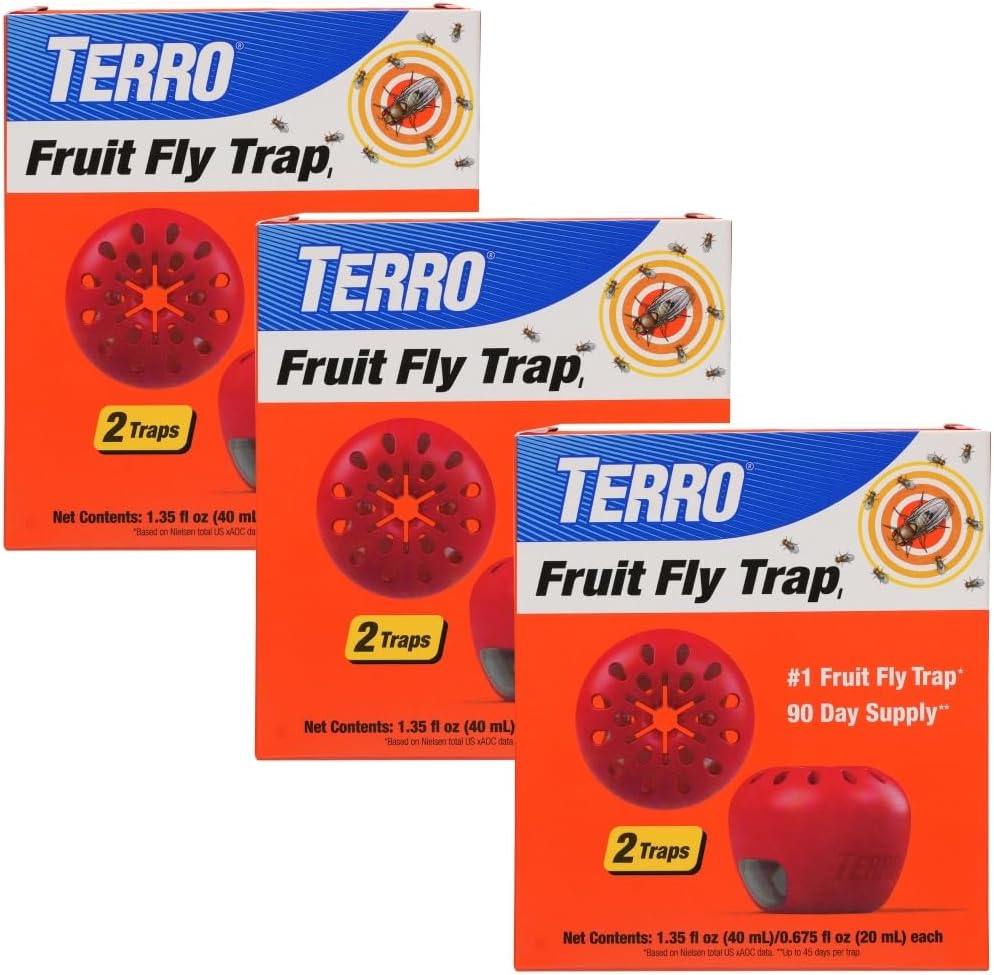 TERRO T2503-3 Ready-to-Use Indoor Fruit Fly Trap with Built in Window - 6 Traps + 270 Day Lure Supply
