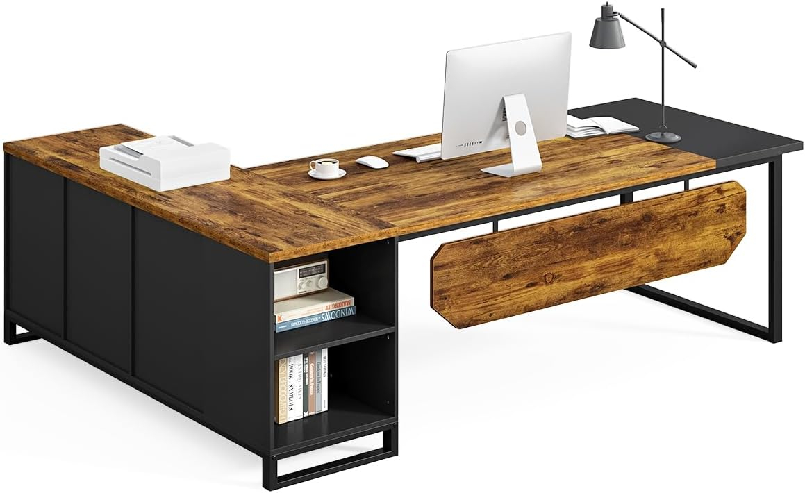 LITTLE TREE 70.8 Inches Executive Desk and 55 Inches File Cabinet Combo, Large L Shaped Computer Desk with Storage Cabinet and Shelves, Modern Business Furniture for Home Office, Rustic Brown & Black