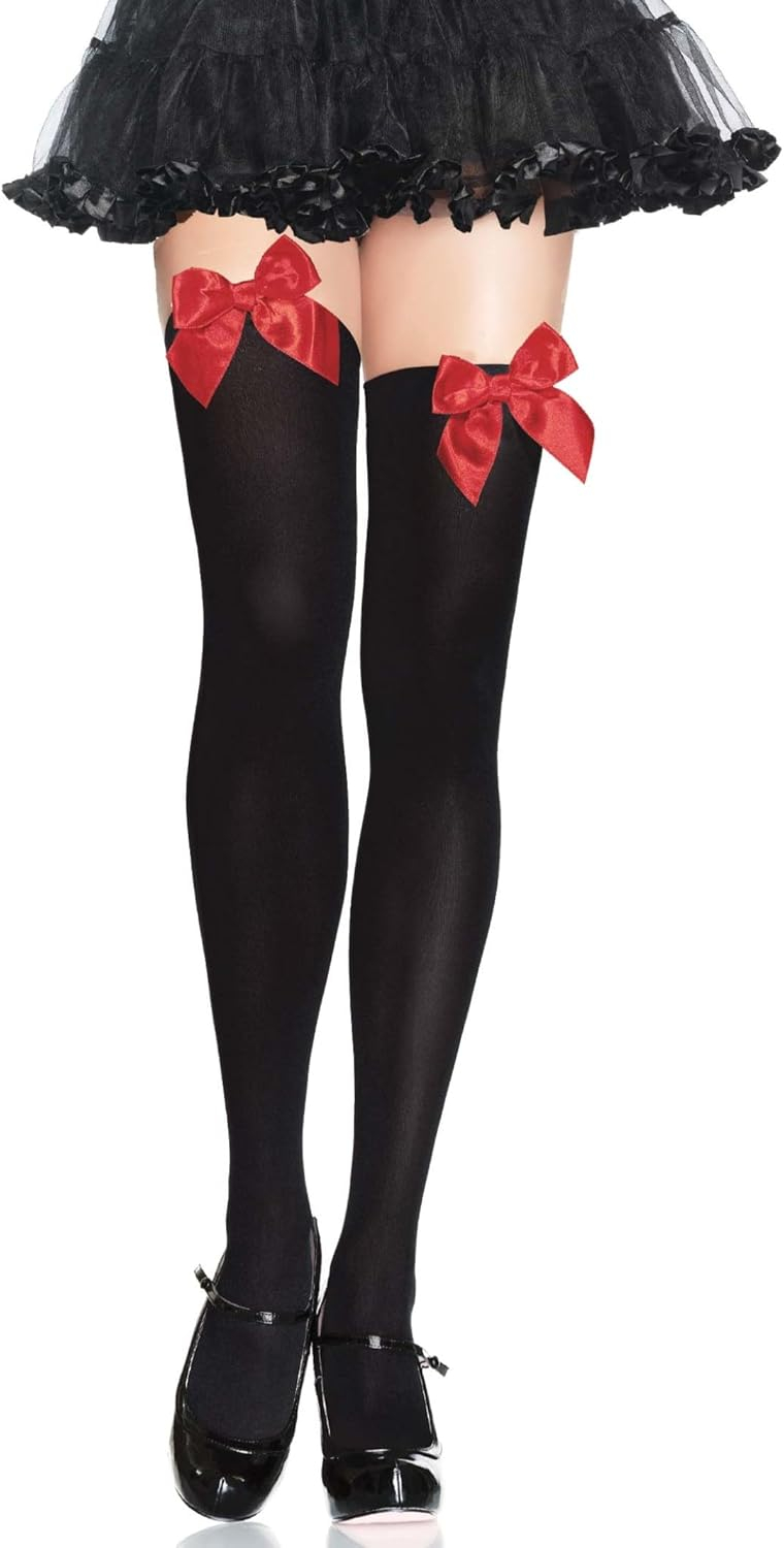 Leg Avenue Womens Satin Bow Accent Thigh Highs, Black/Red, One Size