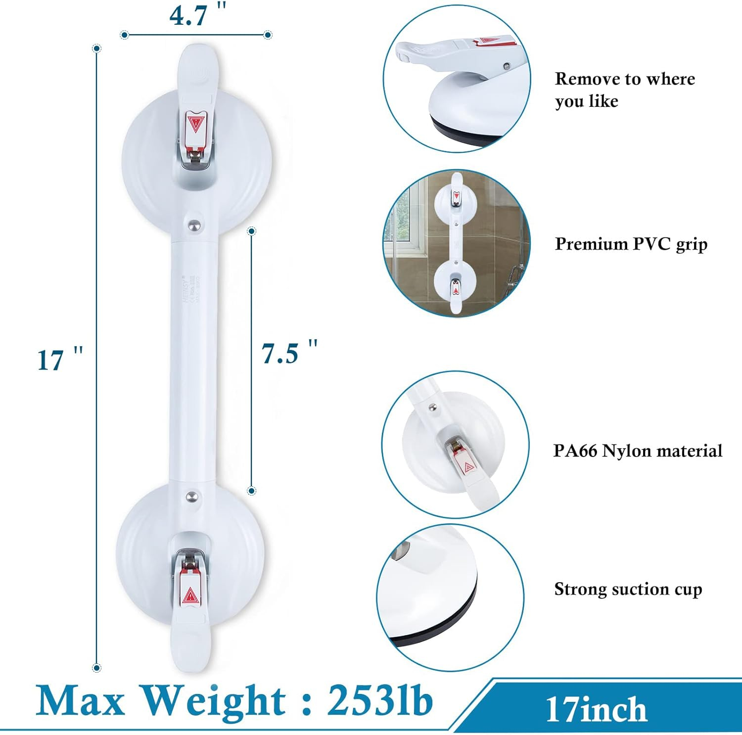 17inch Suction Shower Grab Bar, Portable Shower Handle Bar Suction Grip Bar Bathtub Handle with Strong Hold Suction Cup Fitting and Rapid Release for Bathroom(Max Capacity :253lb）