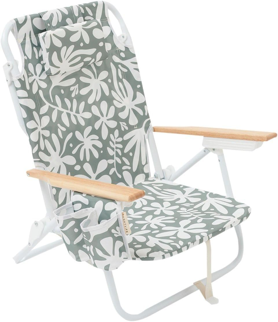 Sunnylife Reclining Beach Chair - The Vacay Olive. Converts from Backpack to Folding seat, with 5 Reclining Positions, Insulated Cooler Pocket and Adjustable Straps for Easy Carrying