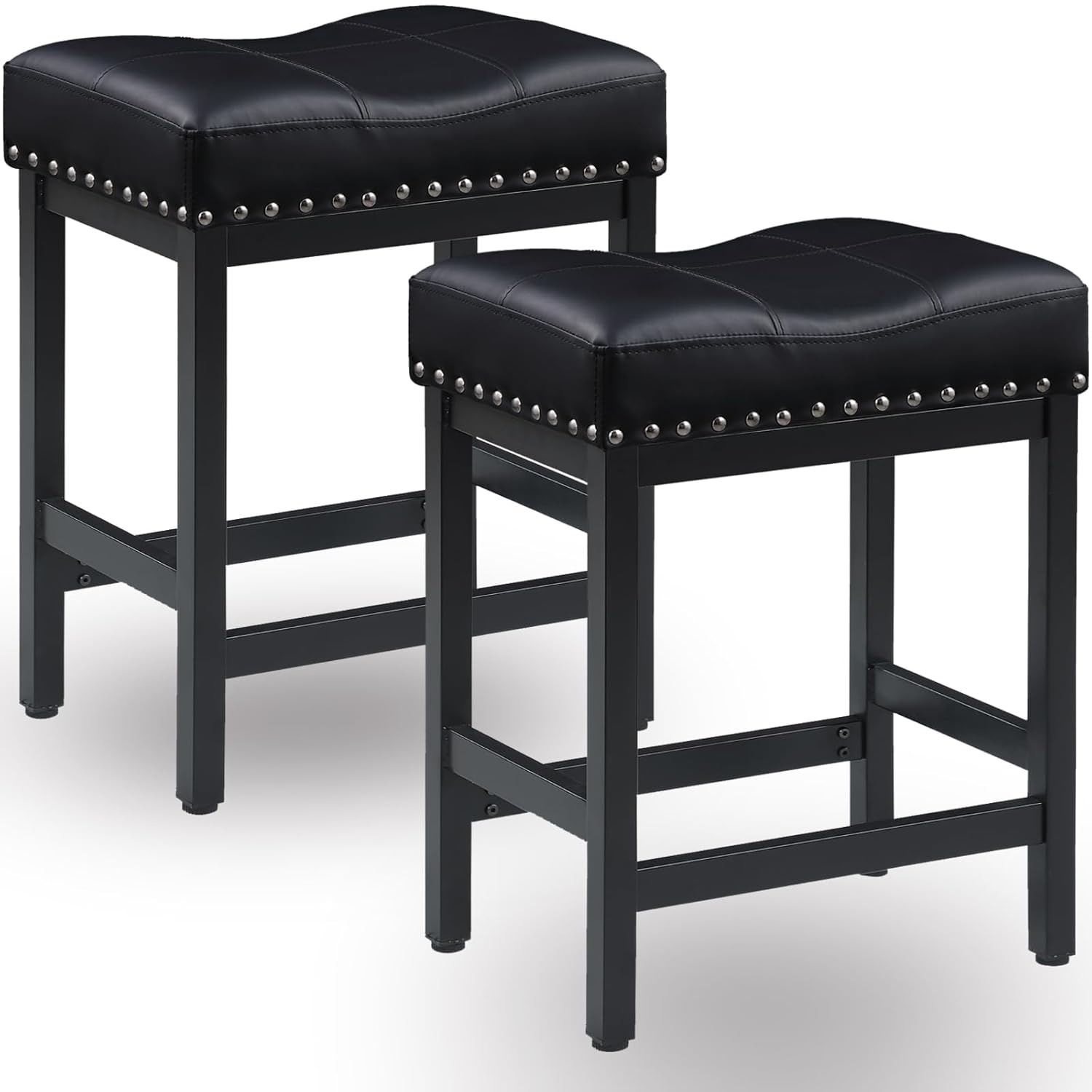 edx Bar Stools Set of 4, Modern Counter Height, 24 Inch Kitchen Barstools with Metal Base, PU Leather Saddle Seats for Kitchen Island, Black