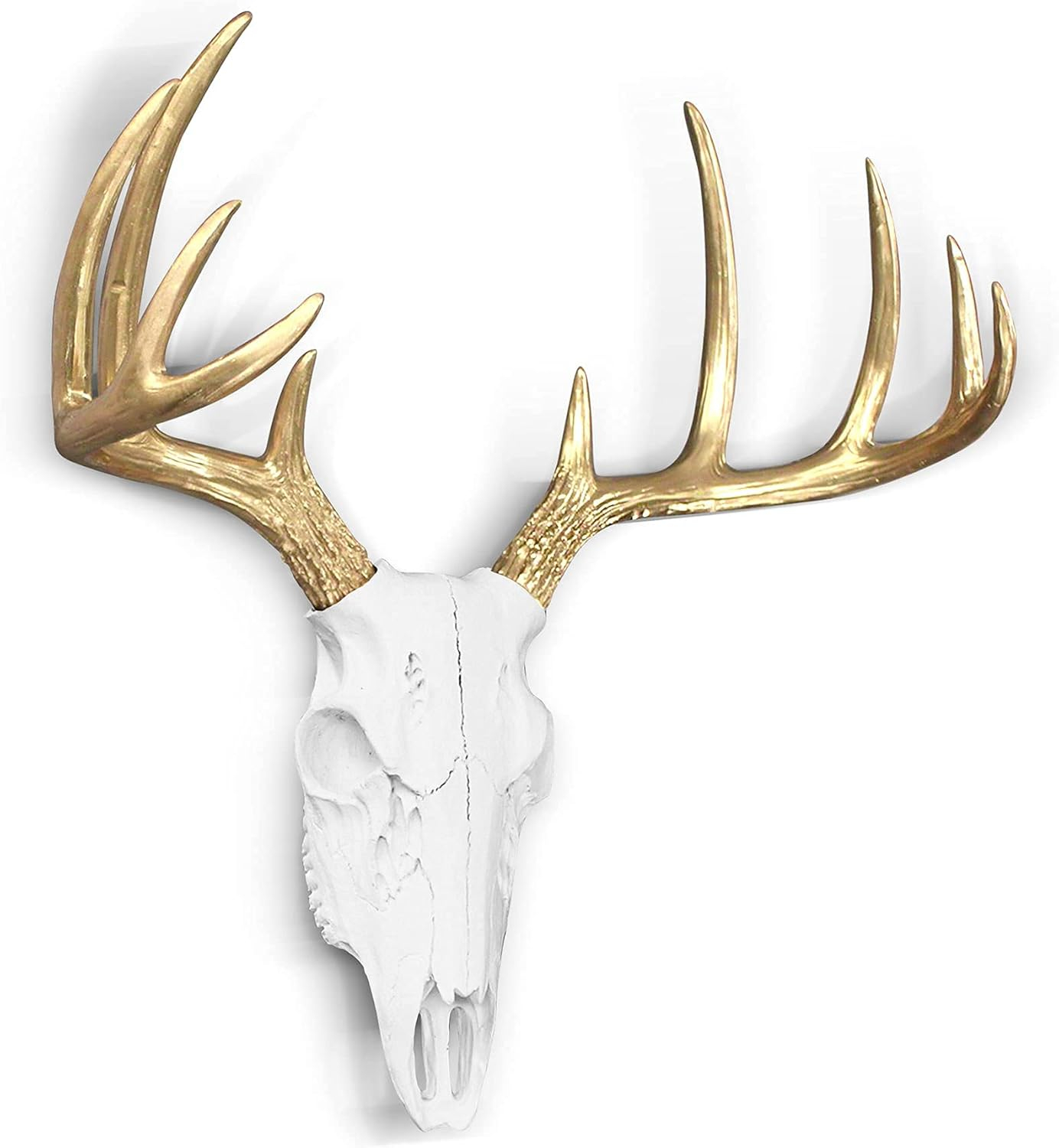 WALL CHARMERS Mini White + Gold Antler Faux Deer Skull - 16" Faux Taxidermy Animal Head Wall Decor - Handmade Farmhouse Decor