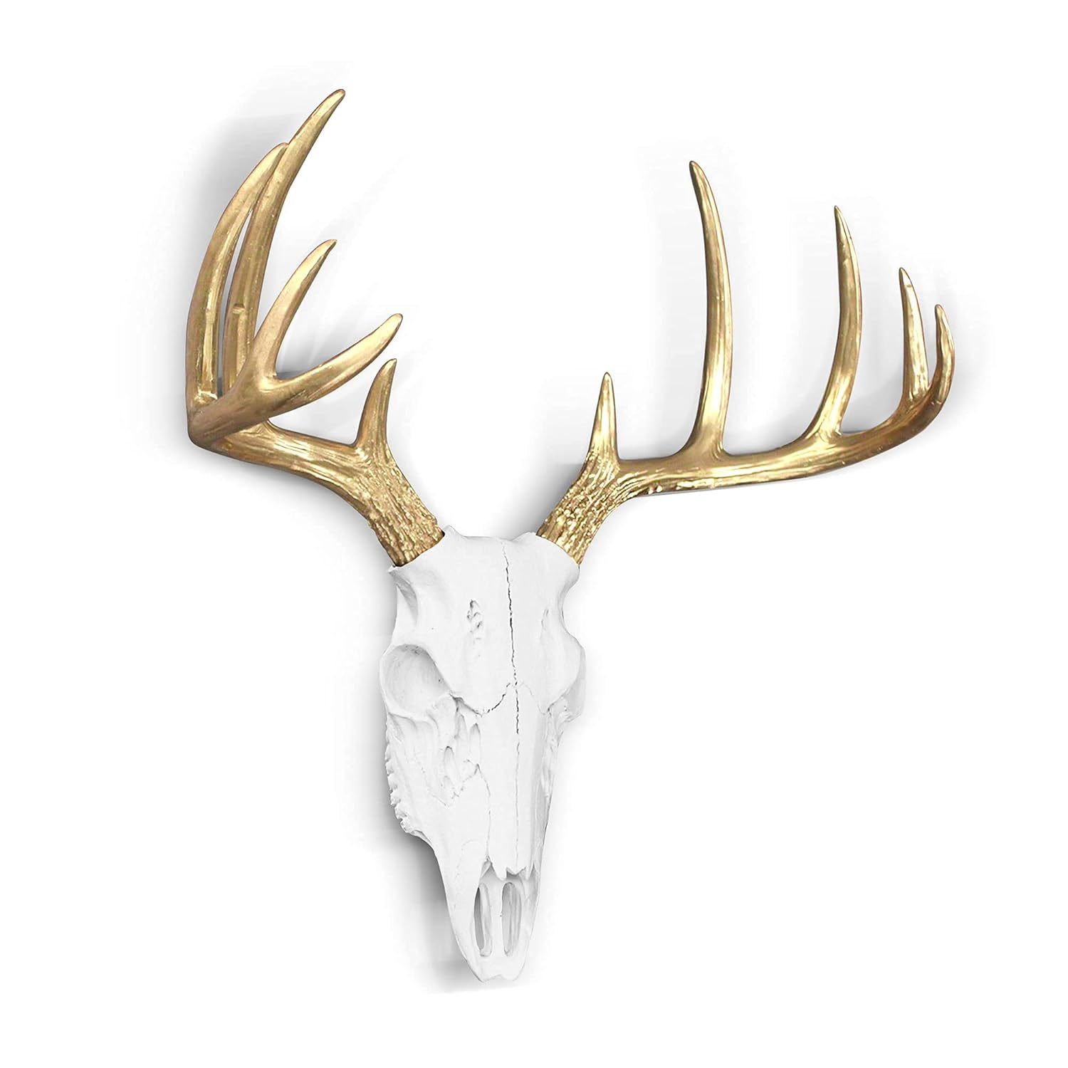 WALL CHARMERS Mini White + Gold Antler Faux Deer Skull - 16" Faux Taxidermy Animal Head Wall Decor - Handmade Farmhouse Decor
