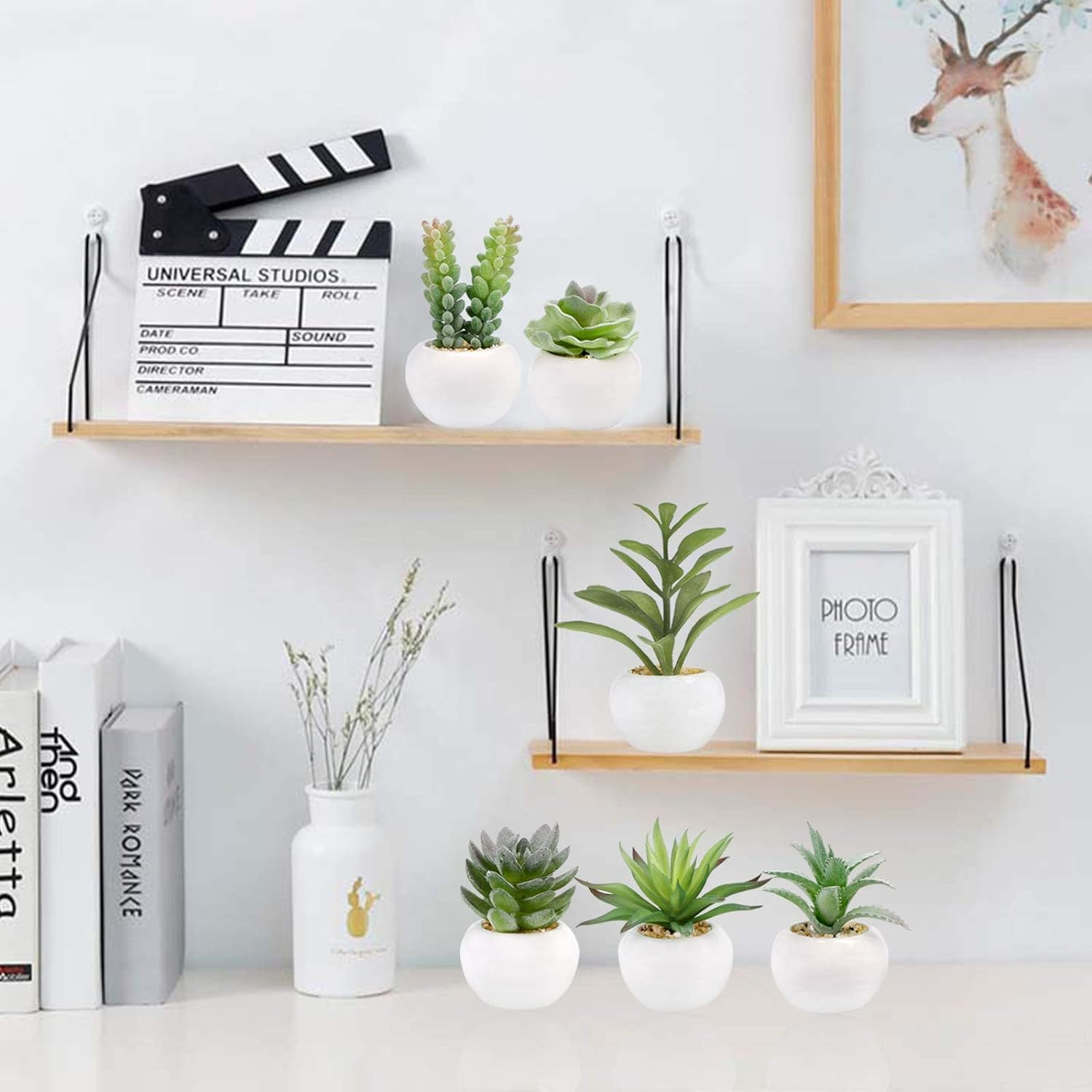 Set of 6 Green Artificial Succulents in White Ceramic Pots