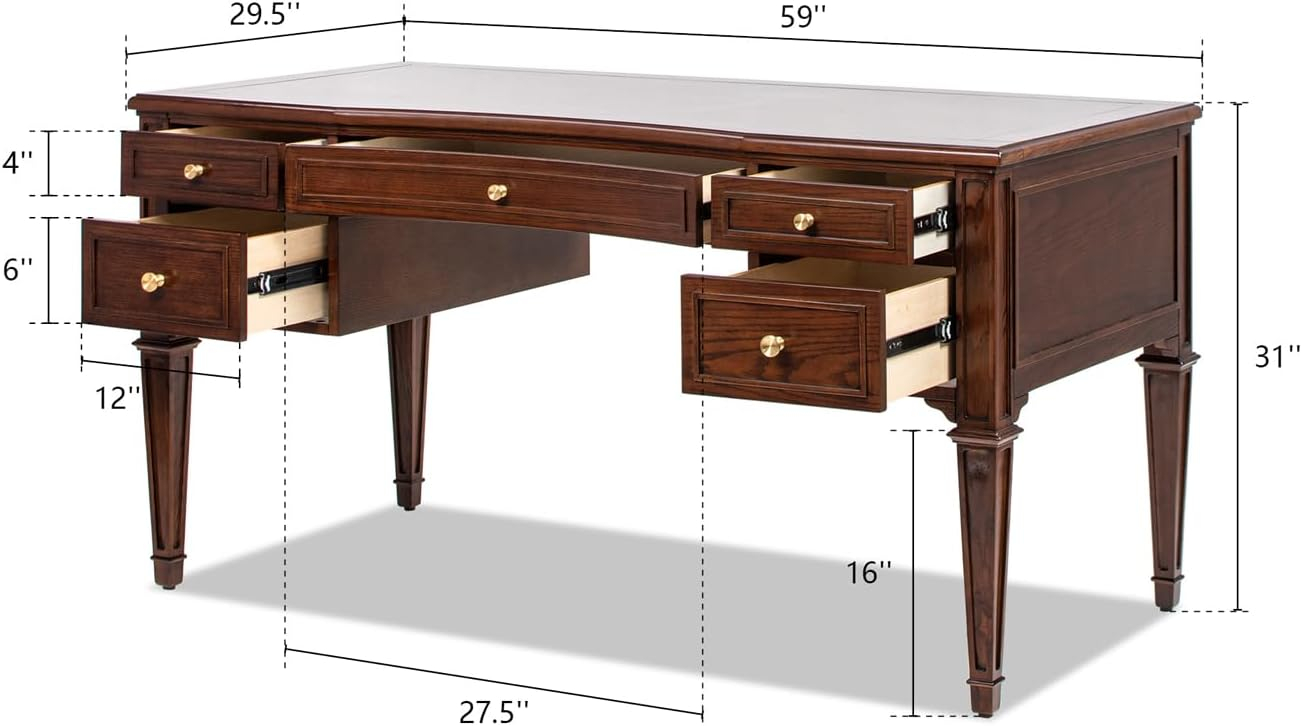 JTH LUXE Dauphin Gold Accent 5-Drawer Wood Executive Desk, Walnut Brown Wood