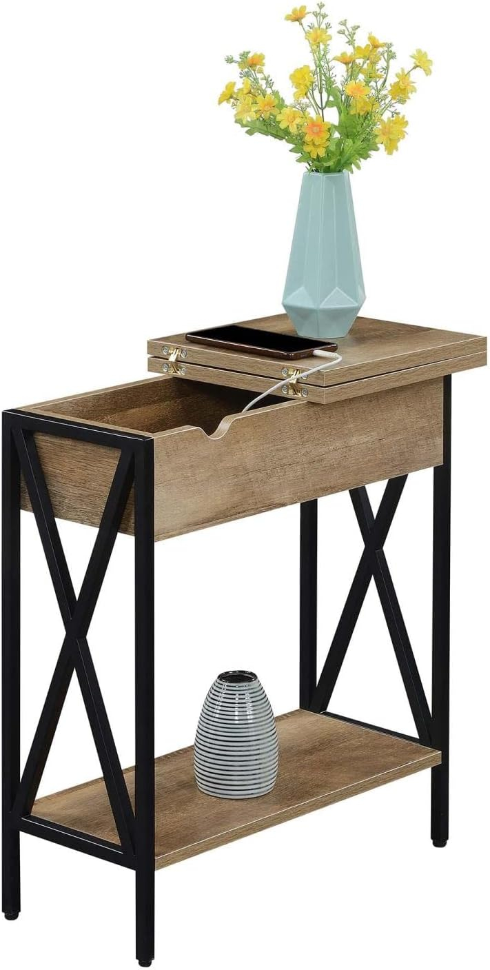 Convenience Concepts Tucson Flip Top End Table with Charging Station and Shelf, Weathered Barnwood/Black