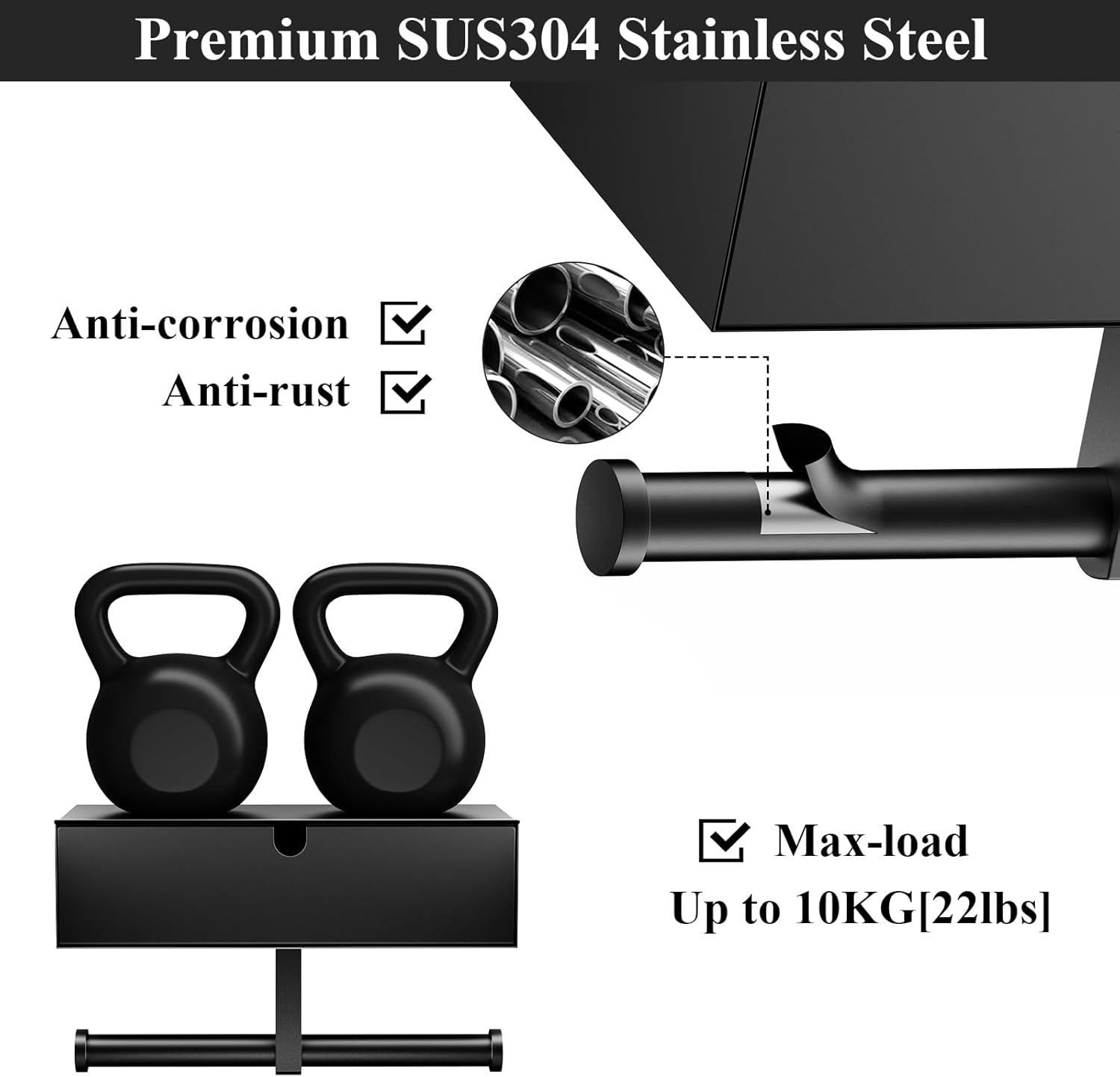 Tindbea Toilet Paper Holder with Storage Double Roll Toilet Paper Holder with Shelf, Tampon Holder for Bathroom Stainless Steel Wall Mounted Wipes Holder Dispenser, Black