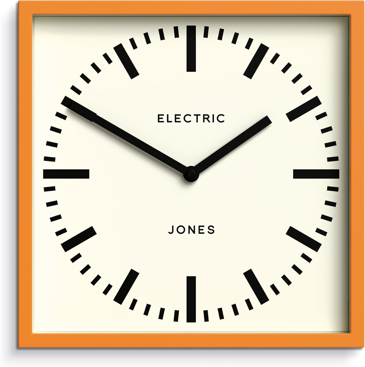JONES CLOCKS® Box Railway Wall Clock | Square Station Clock | 10 inch | Cool Designer Look for Kitchen, Living Room or Office (Orange)