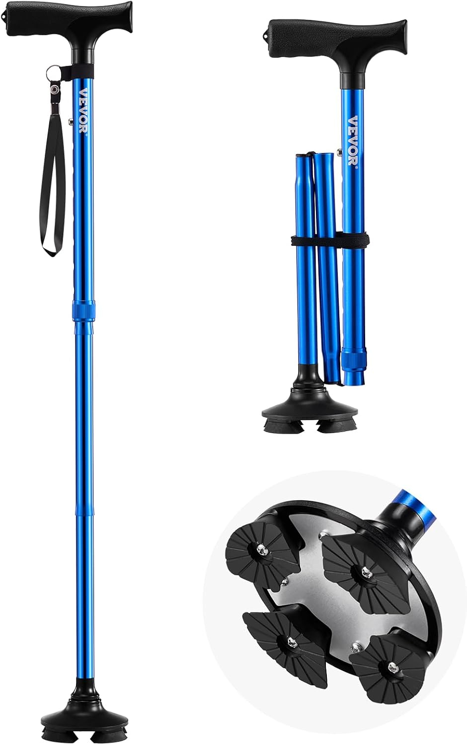 VEVOR Walking Cane for Man Woman, Folding Walking Stick with 8-Level Adjustable Height, 4-Pronged Pivoting Base, Lightweight & Portable Aluminum Mobility Aid for Seniors Adults, 250LBS Loading(Black)