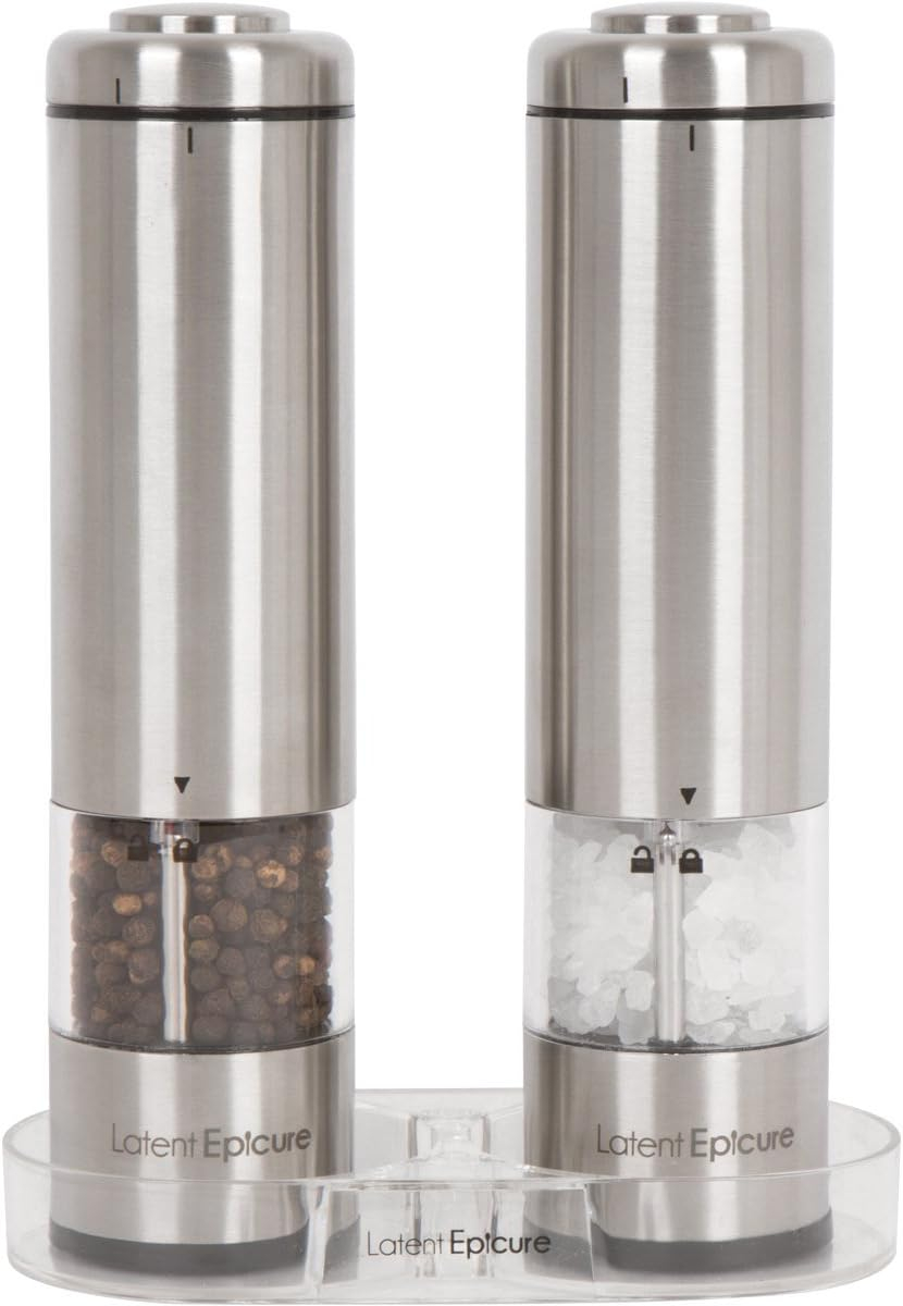Electric Salt and Pepper Grinder Set - Battery Operated, Stainless Steel Shakers with Adjustable Fine & Coarseness, One Handed Operation, LED Light & Complimentary Mill Rest Tray