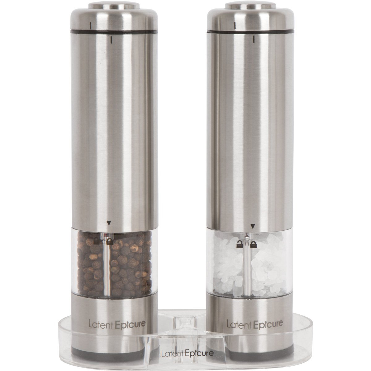 Electric Salt and Pepper Grinder Set - Battery Operated, Stainless Steel Shakers with Adjustable Fine & Coarseness, One Handed Operation, LED Light & Complimentary Mill Rest Tray