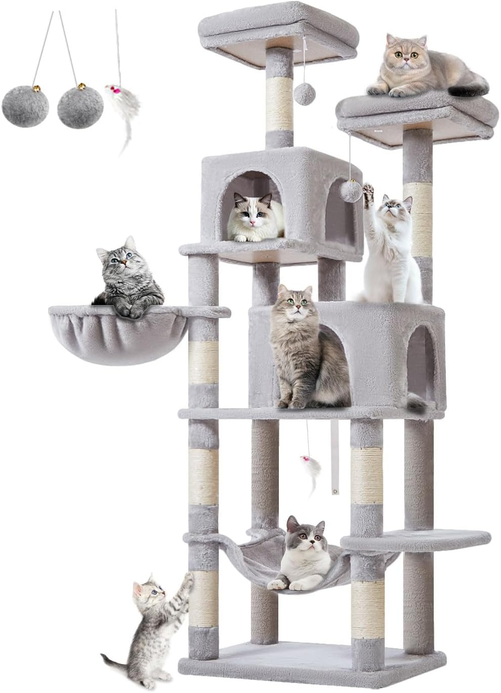 56.3'' Cat Tree Tower for Indoor Cats ,Multi-Level Cat Condo Cat Furniture with Scratching Posts, Perches, Hammock, Cave ,Light Gray