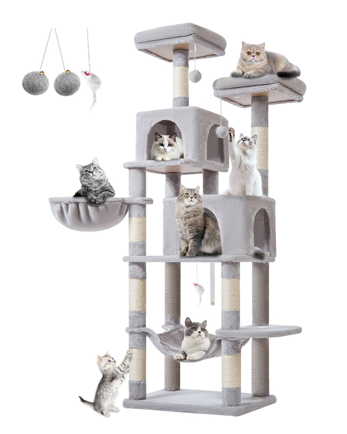 56.3'' Cat Tree Tower for Indoor Cats ,Multi-Level Cat Condo Cat Furniture with Scratching Posts, Perches, Hammock, Cave ,Light Gray