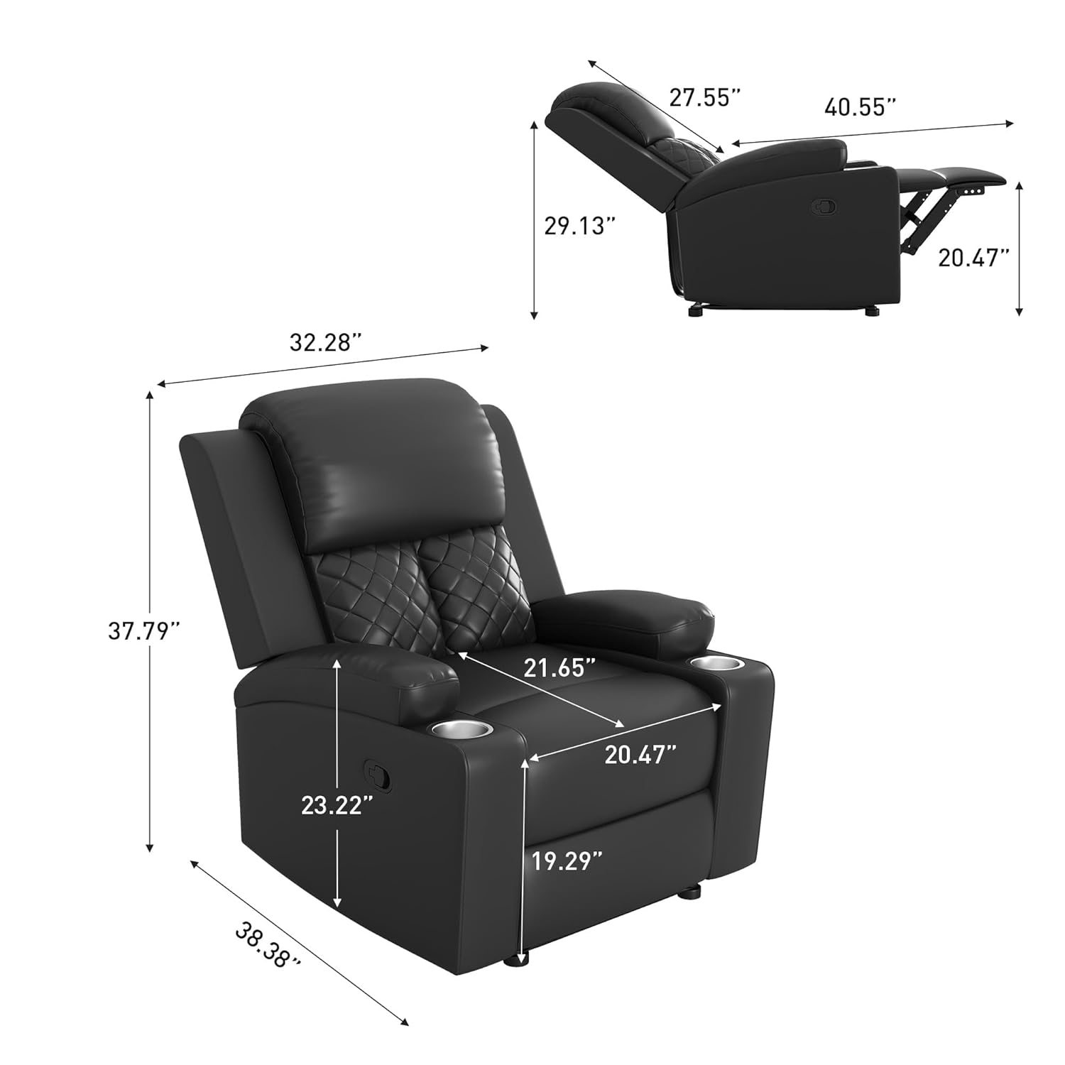Bonzy Home Manual Recliner Chair for Adults, Comfortable Faux Leather Home Theater Seating with Overstuffed Backrest and Armrests, 2 Cup Holders, Black