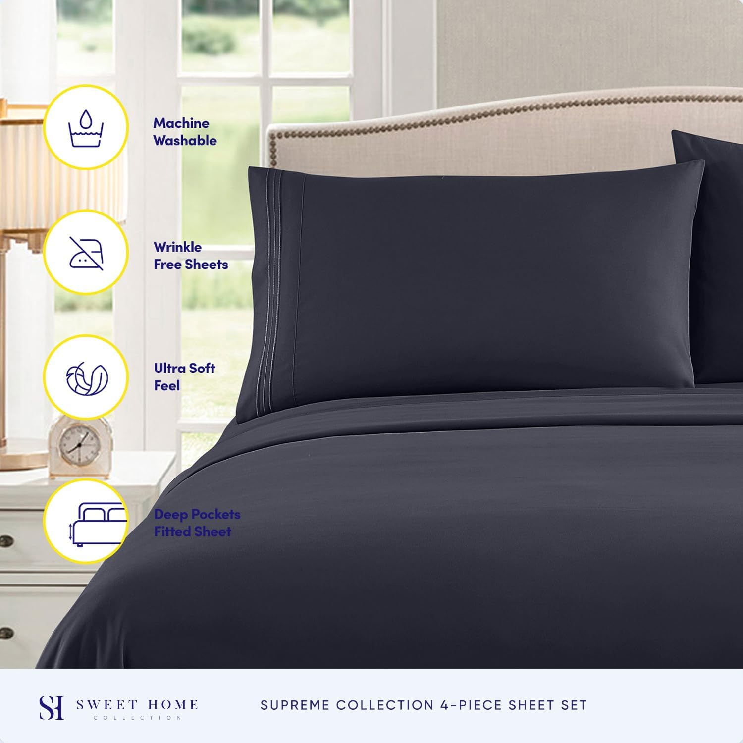 Sweet Home Collection 1800 Series Bed Sheets - Extra Soft Microfiber Deep Pocket Sheet Set - Navy, Twin