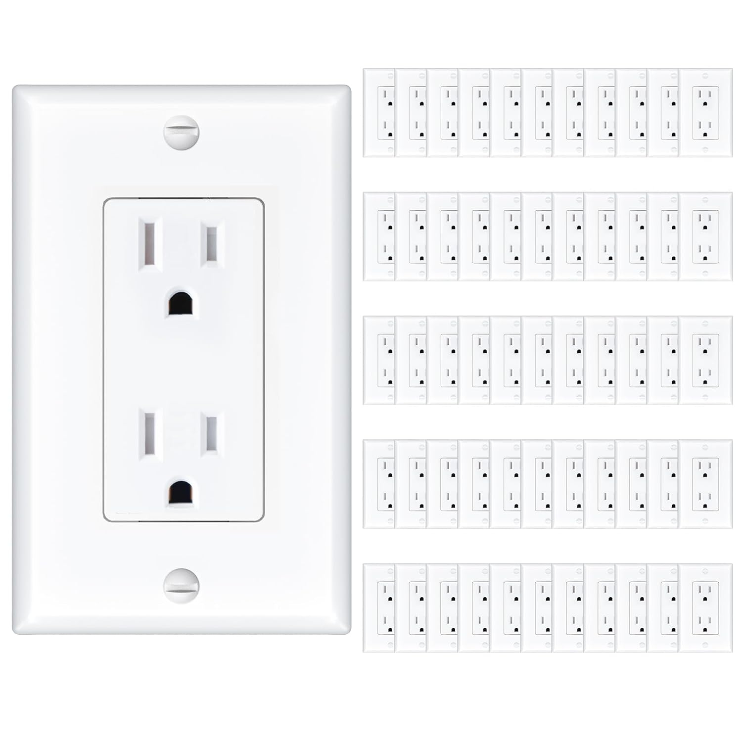 Amico 50 Pack Wall Outlet, 15 Amp Outlets, UL Listed, Tamper Resistant Standard Electrical Outlet, Decorator Receptacle with Wall Plate, Suitable for Home and Business, 125V/1875W, White