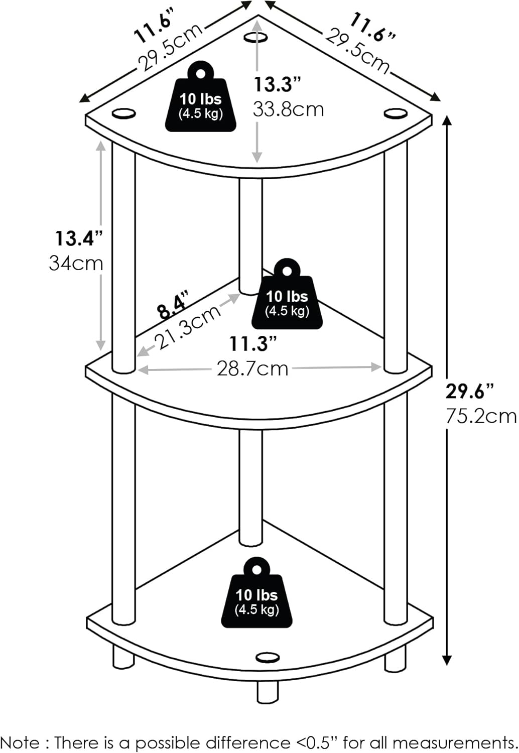 Furinno Turn-N-Tube 3-Tier Corner Display Rack Multipurpose Shelving Unit, White/White