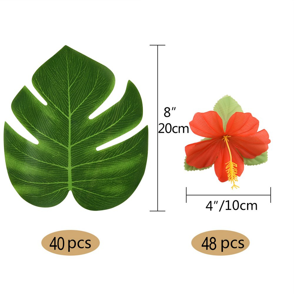 KUUQA 88 Pcs 20cm/8" Tropical Palm Leaves and Silk Hibiscus Flowers Party Decor, Artificial Monstera Plant Leaves Flowers Hawaiian Luau Party Jungle Beach Theme BBQ Birthday Party Decorations Supplie