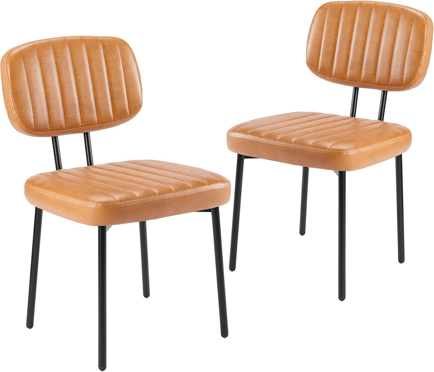 Mid-Century Modern Brown Faux Leather Upholstered Dining Chairs with Metal Legs, Set of 2