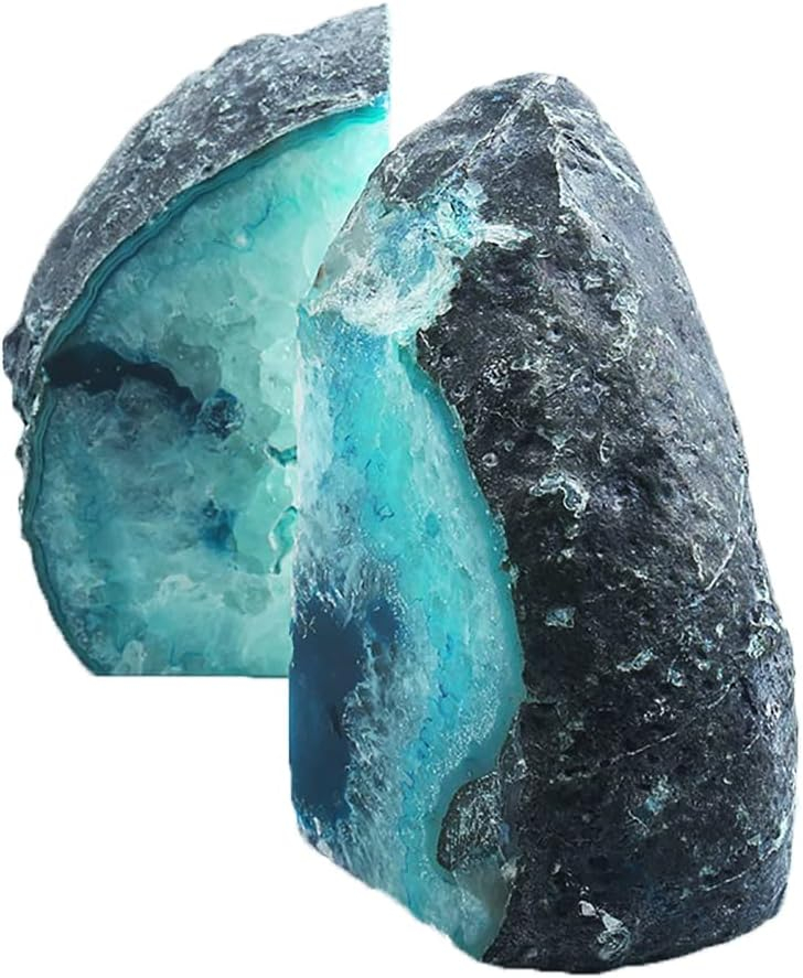 AMOYSTONE Agate Geode Bookends Heavy Duty Stone Book Ends Decorative Bookend Holder Home Office Decor with Rubber Bumpers Teal 1 Pair, 2-3 LBS