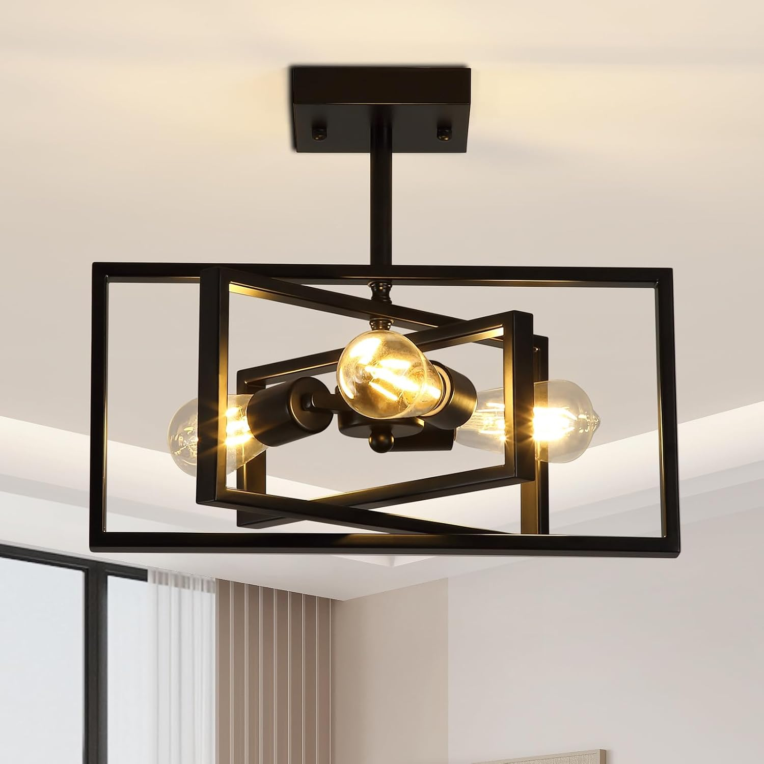 Black Semi Flush Mount Ceiling Light Fixture, 3-Light Modern Farmhouse Ceiling Light, Industrial Metal Chandelier Ceiling Lamp for Kitchen Entryway Bedroom Foyer Hallway, E26 Socket