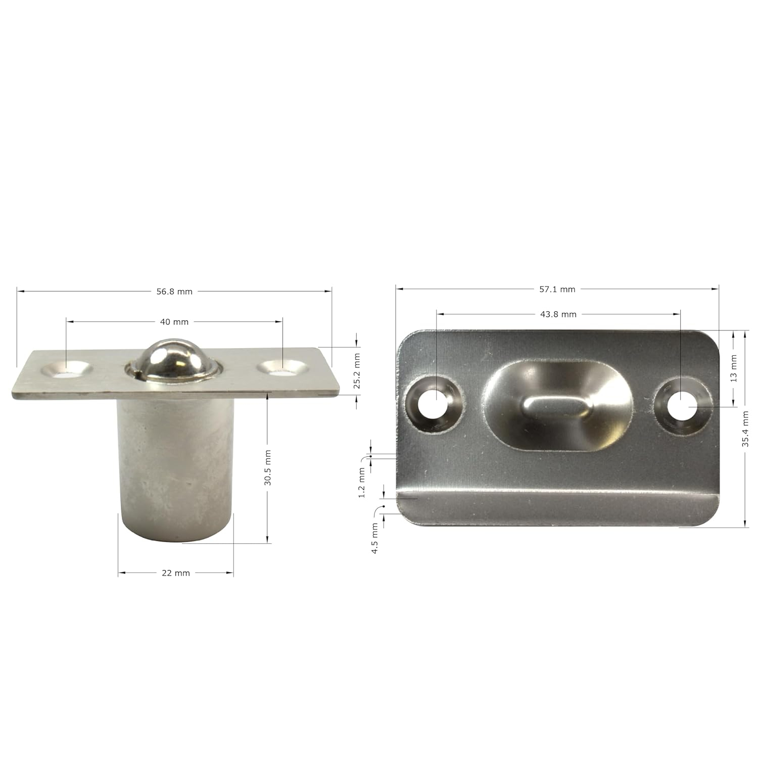 2 Pack Rok Hardware Brushed Nickel Adjustable Large Closet Cabinet Ball Catch Latch with Radius Corners and Strike, ROKBCBN