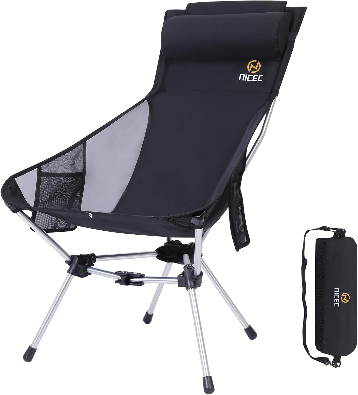 Nice C Ultralight High Back Folding Camping Chair, Backpacking Chair, Compact & Heavy Duty Outdoor, Travel, Picnic, Festival with 2 Side Pockets, Pillow &Carry Bag (Set of 1 Black)