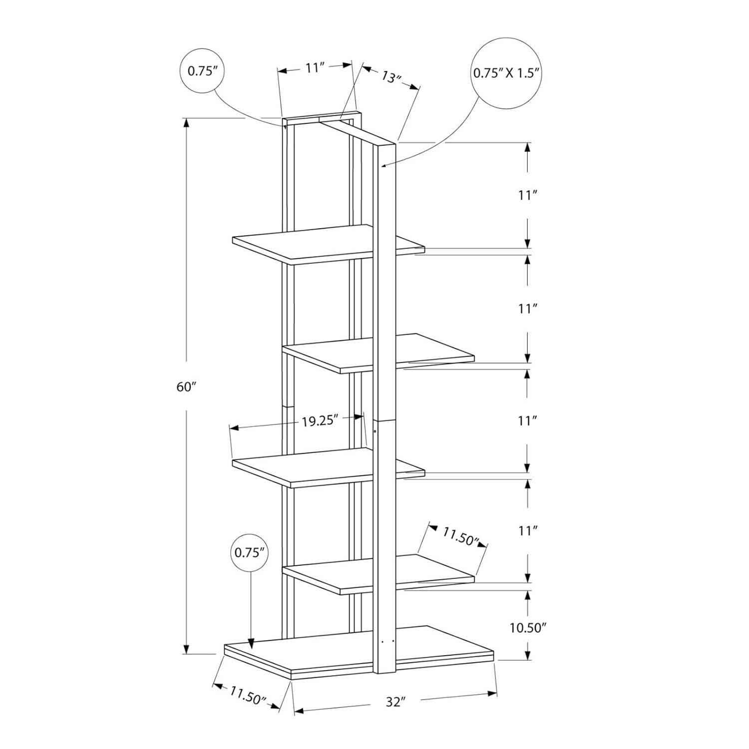 Monarch Specialties Bookshelf, Bookcase, Etagere, 5 Tier, 60"H, Office, Bedroom, White Laminate