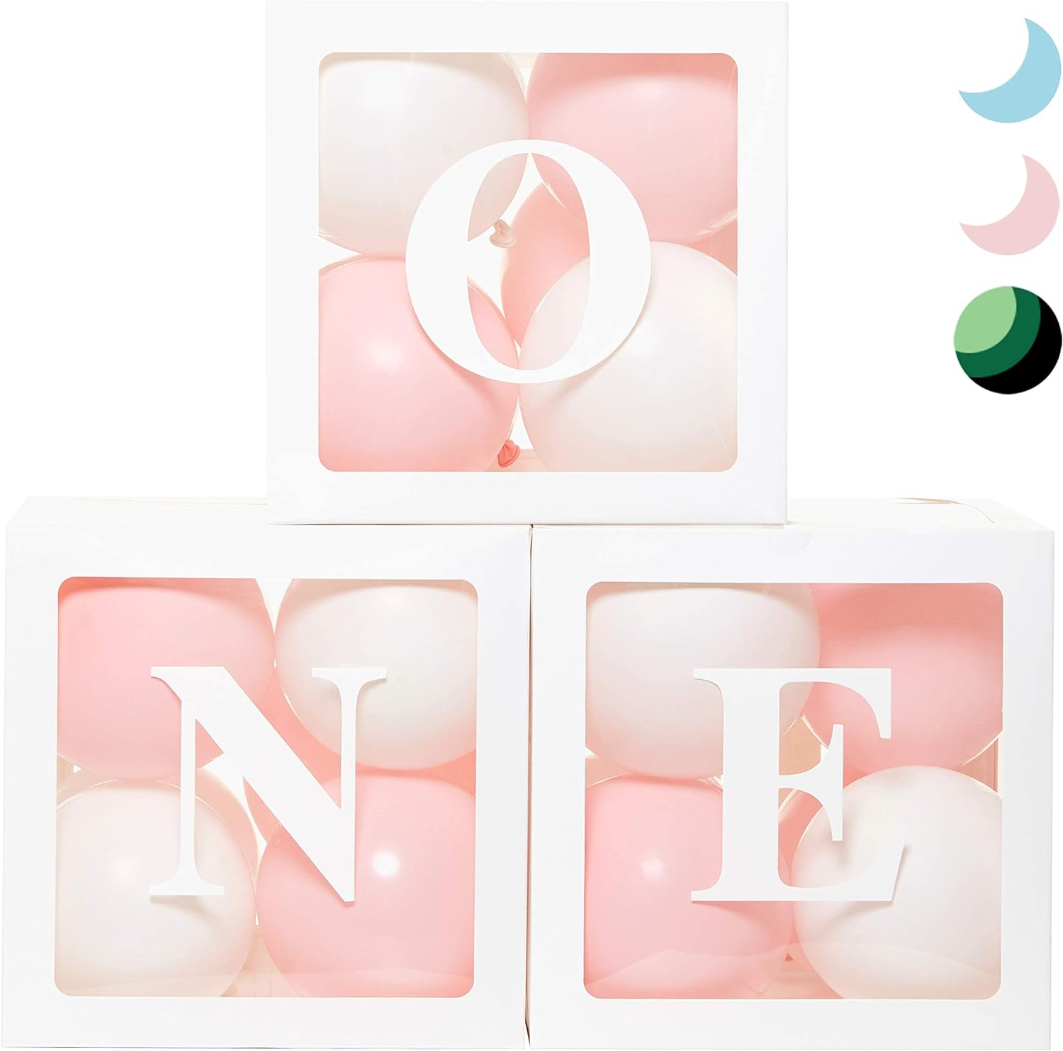 First Birthday Balloon 'ONE' Boxes for Baby Girl WITH 24 Balloons - Baby 1st Birthday Girl Decoration Clear Cube Blocks 'ONE' Letters as Cake Smash Photoshoot Props First Birthday Decorations Bac