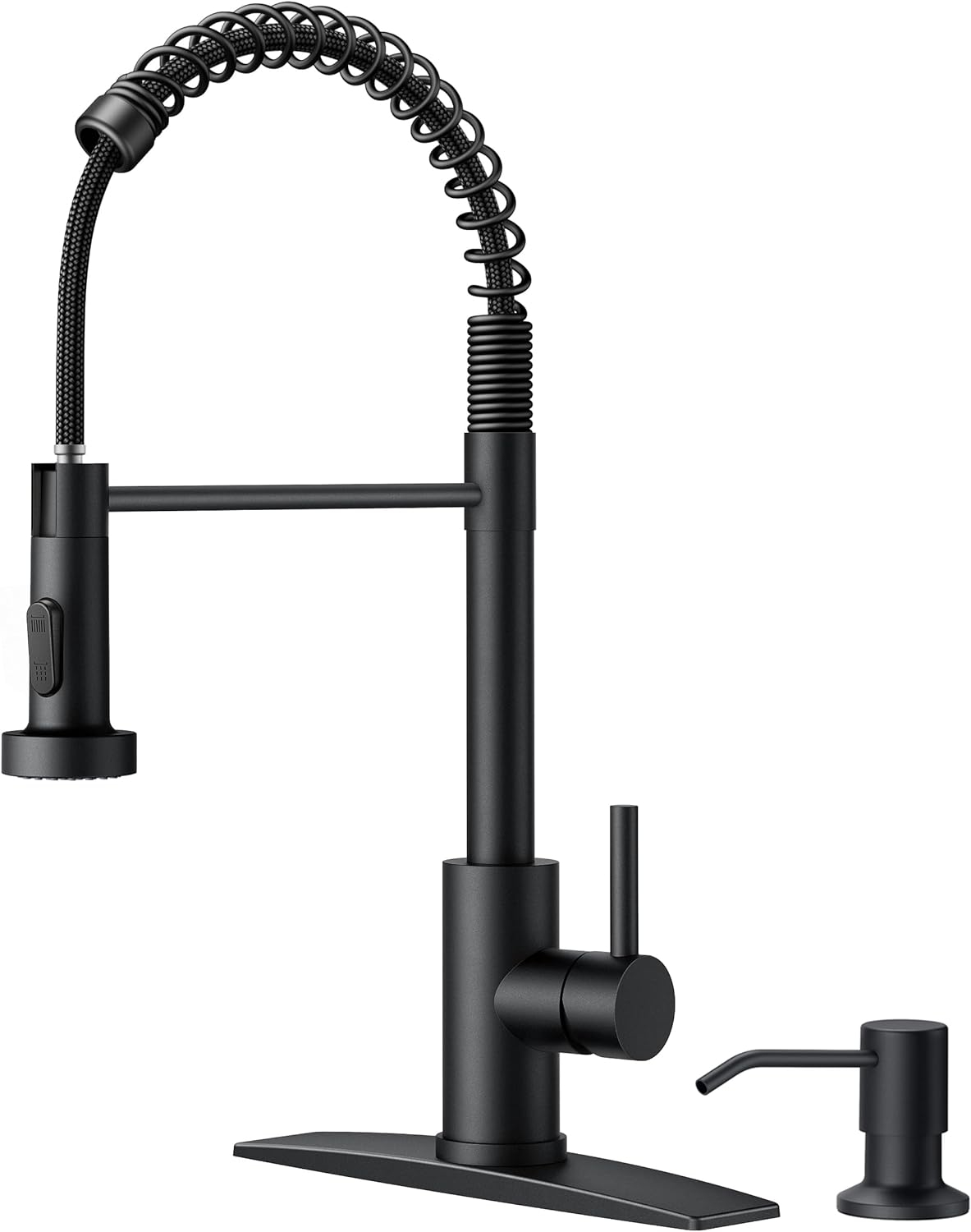FORIOUS Black Kitchen Faucet with Soap Dispenser, Single Handle Stainless Steel Spring Sink Faucet with Pull Down Sprayer Transitional for Farmhouse Camper Laundry Camper