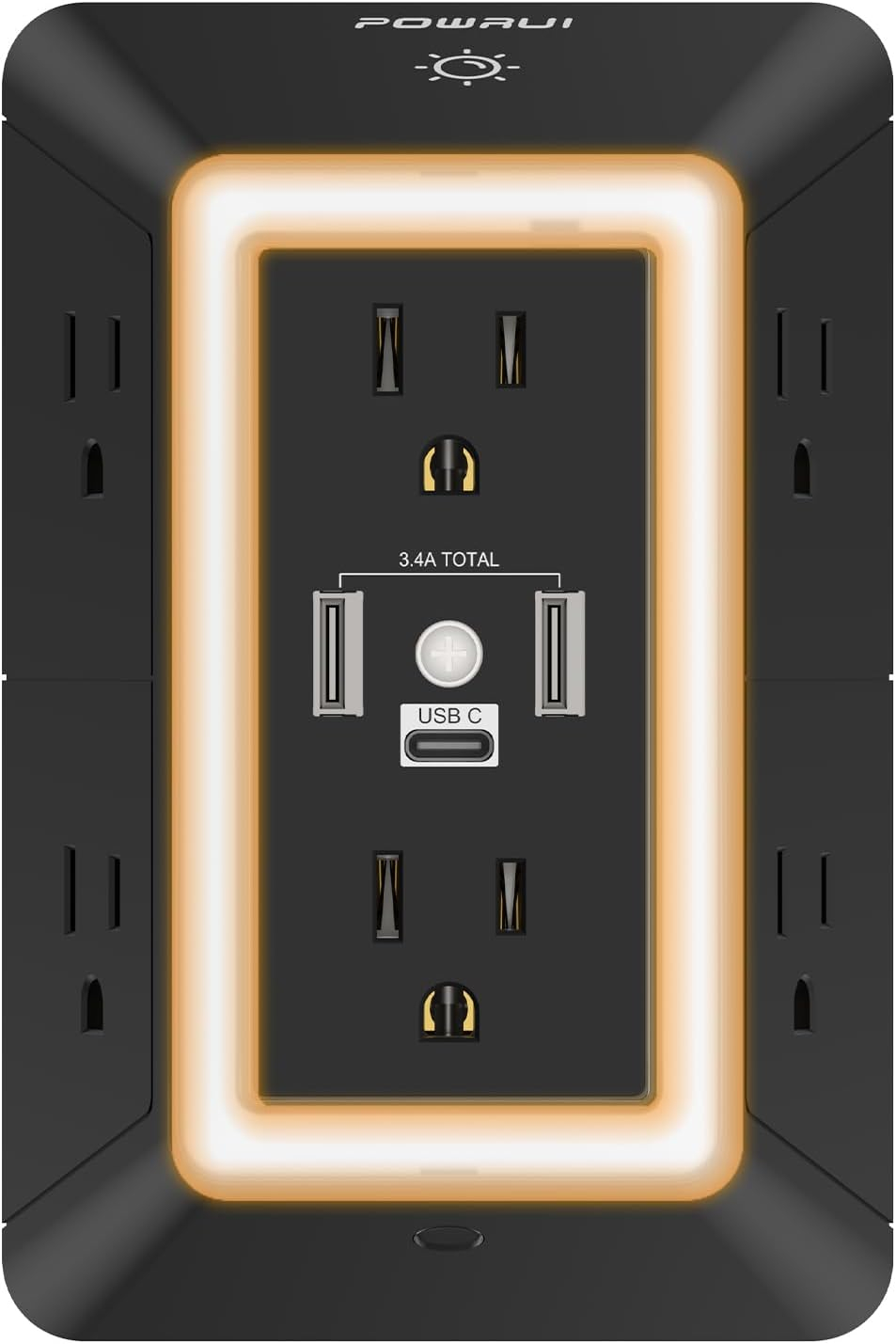 Outlet Extender Power Strip, POWRUI 6 AC Surge Protector Outlets with 3 USB Ports (1 USB C) and Night Light, 3-Sided Multi Plug Wall Outlet with Spaced Outlets - Black, ETL Listed