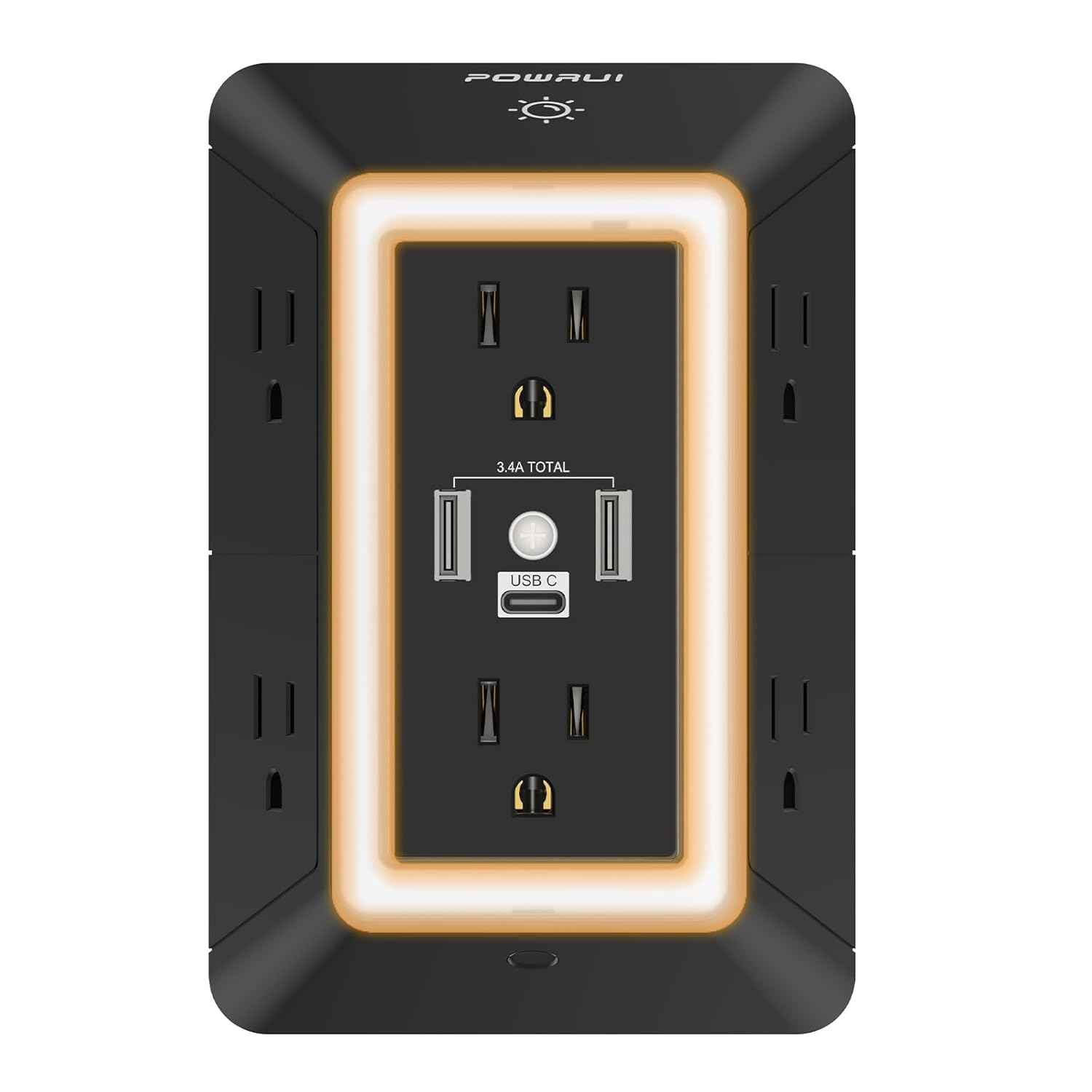 Outlet Extender Power Strip, POWRUI 6 AC Surge Protector Outlets with 3 USB Ports (1 USB C) and Night Light, 3-Sided Multi Plug Wall Outlet with Spaced Outlets - Black, ETL Listed