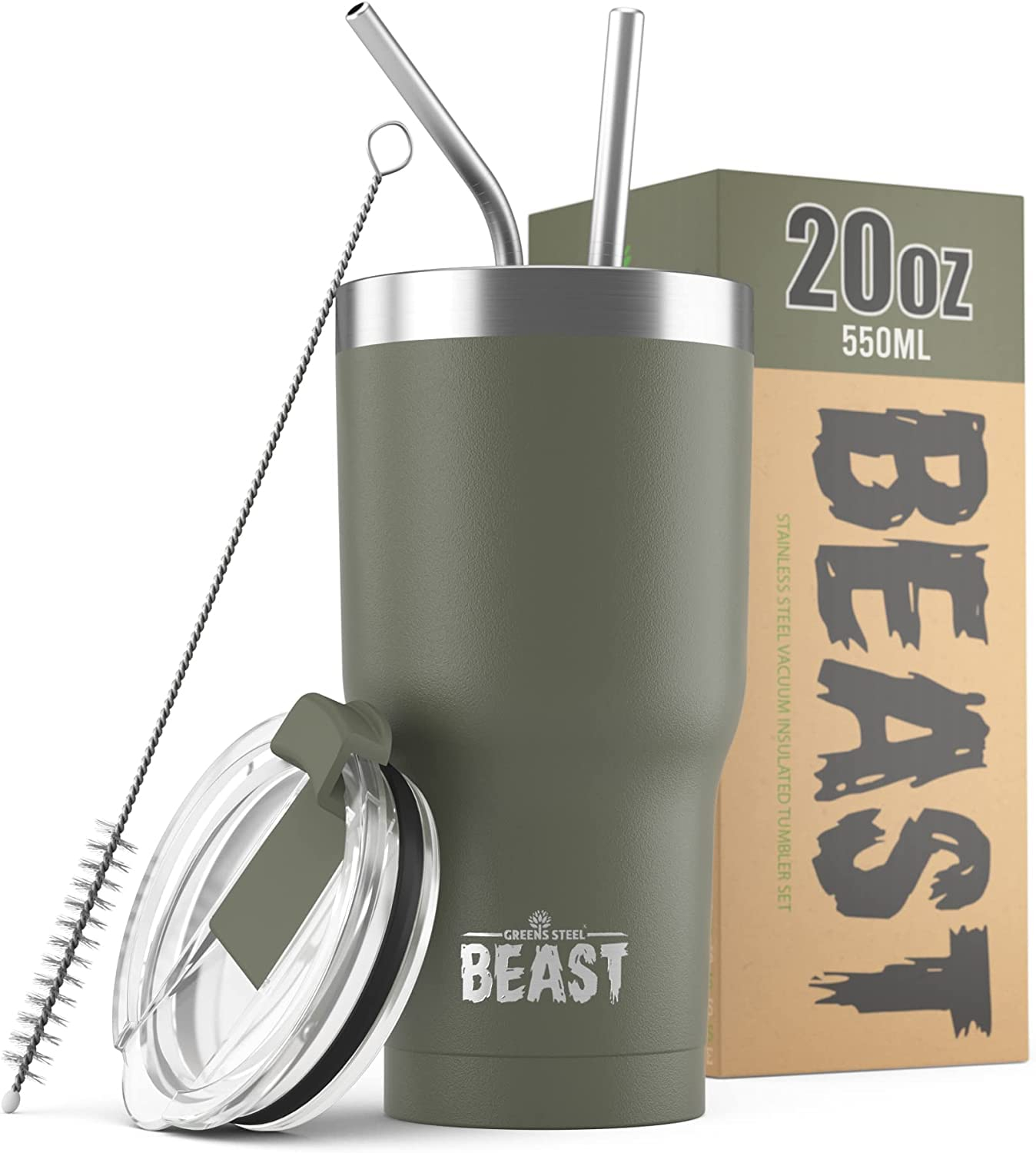 Army Green 20oz Stainless Steel Travel Tumbler with Lid and Straws