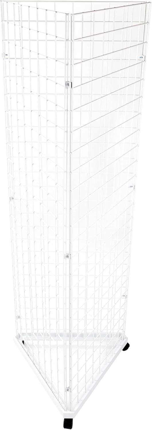 White Triangle Wire Grid Tower with Base and Casters - Grid Wall Retail Display Stand - Moveable and Space-Saving Wire Display Rack for Vendors - Ideal for Boutique  Thrift  Craft and Art Shows