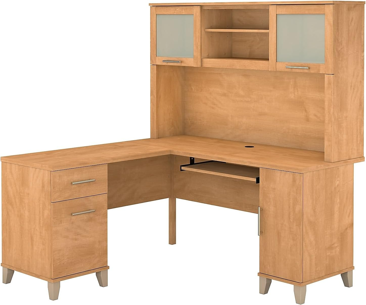 Bush Furniture Somerset 60 in L Desk with Hutch, Keyboard Tray, File and Storage in Maple Cross