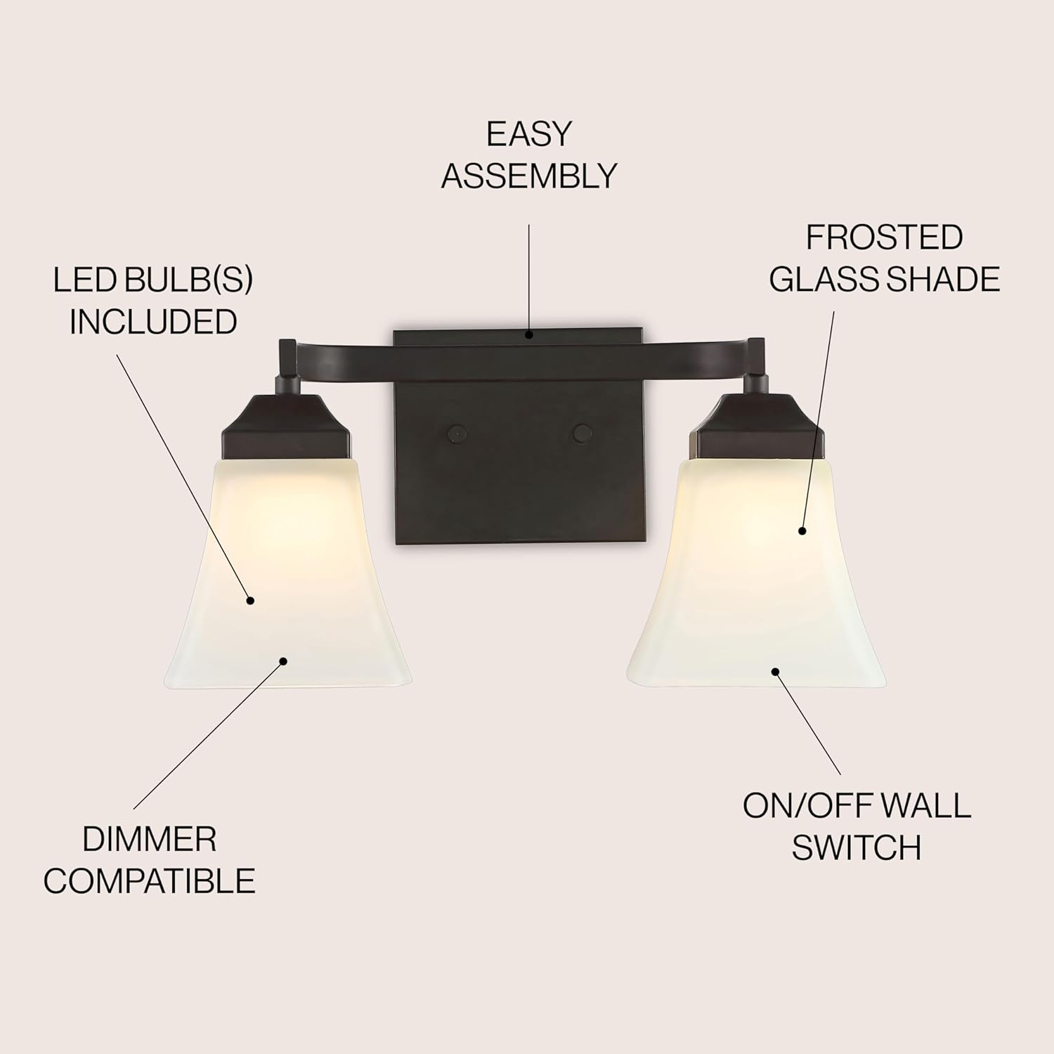 Staunton 15 in. 2-Light Iron/Glass Modern Cottage LED Vanity Light, Oil Rubbed Bronze