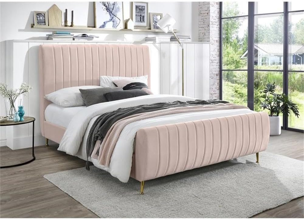 Meridian Furniture Zara Contemporary Queen Bed with Gold Legs and Slats, Pink Velvet