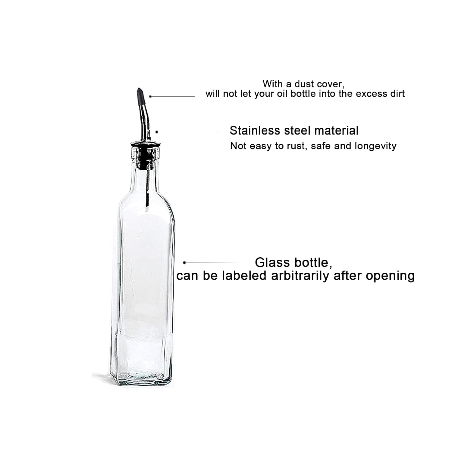 Soro Essentials- Set of 2- Glass 16 oz. Square Cruet with Stainless Steel Pourer - Vinegar and Olive Oil Bottle Dispenser Oil Bottles for Kitchen with Pourers Square Glass Oil Container