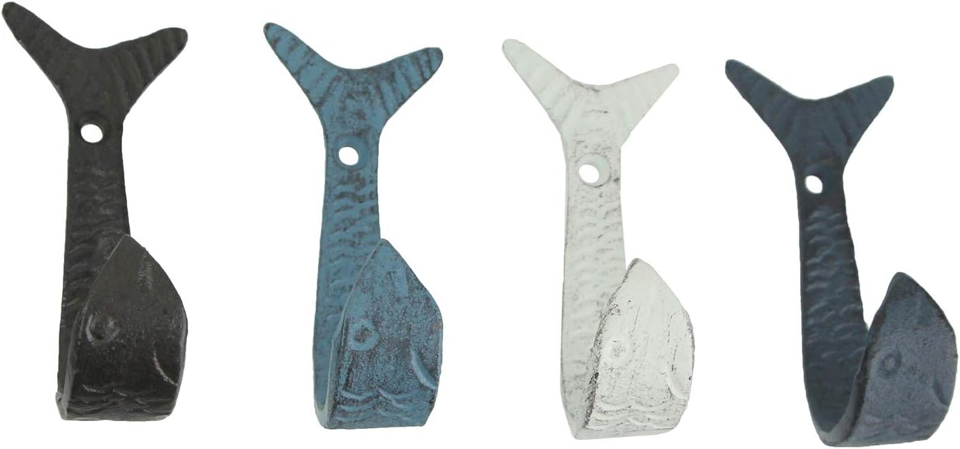 Zeckos Cast Iron Flipping Fish Wall Hooks Coastal Decor Hanger Set of 4