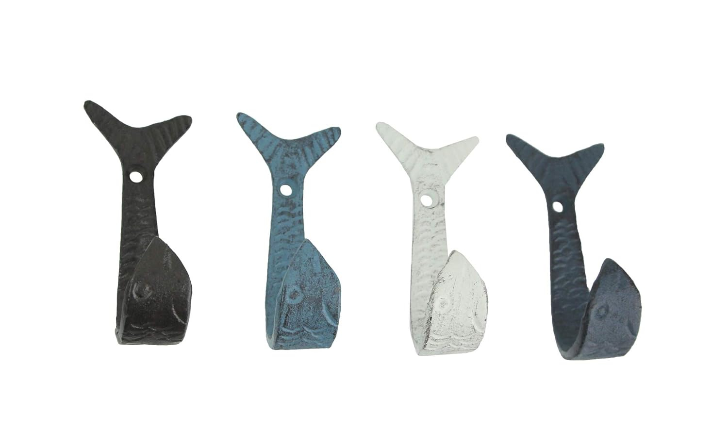 Zeckos Cast Iron Flipping Fish Wall Hooks Coastal Decor Hanger Set of 4