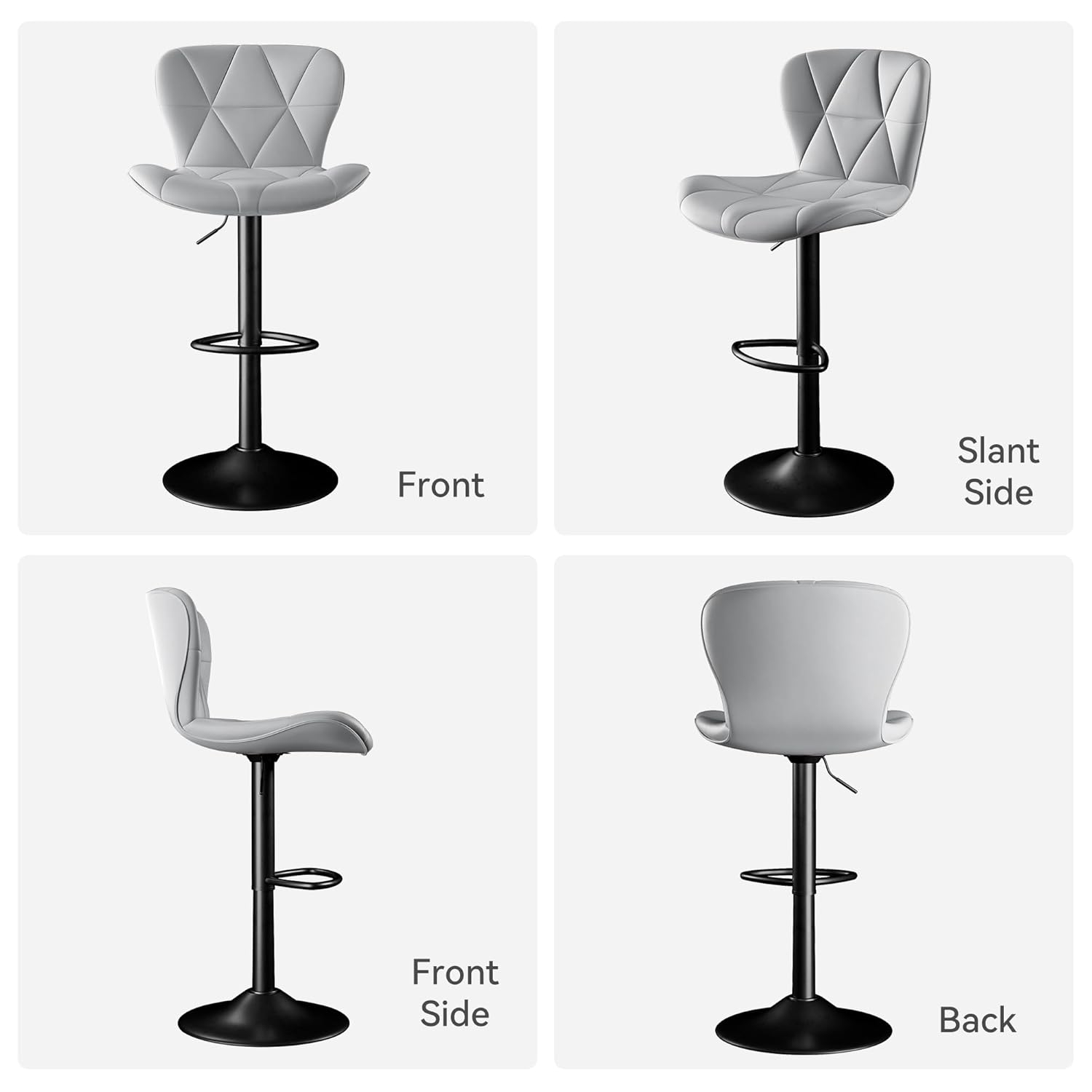 Modern Bar Stool Set of 2, Adjustable Faux Leather Upholstered Swivel Counter Stools, Counter Height Barstools with Back for Kitchen Island, Light Grey