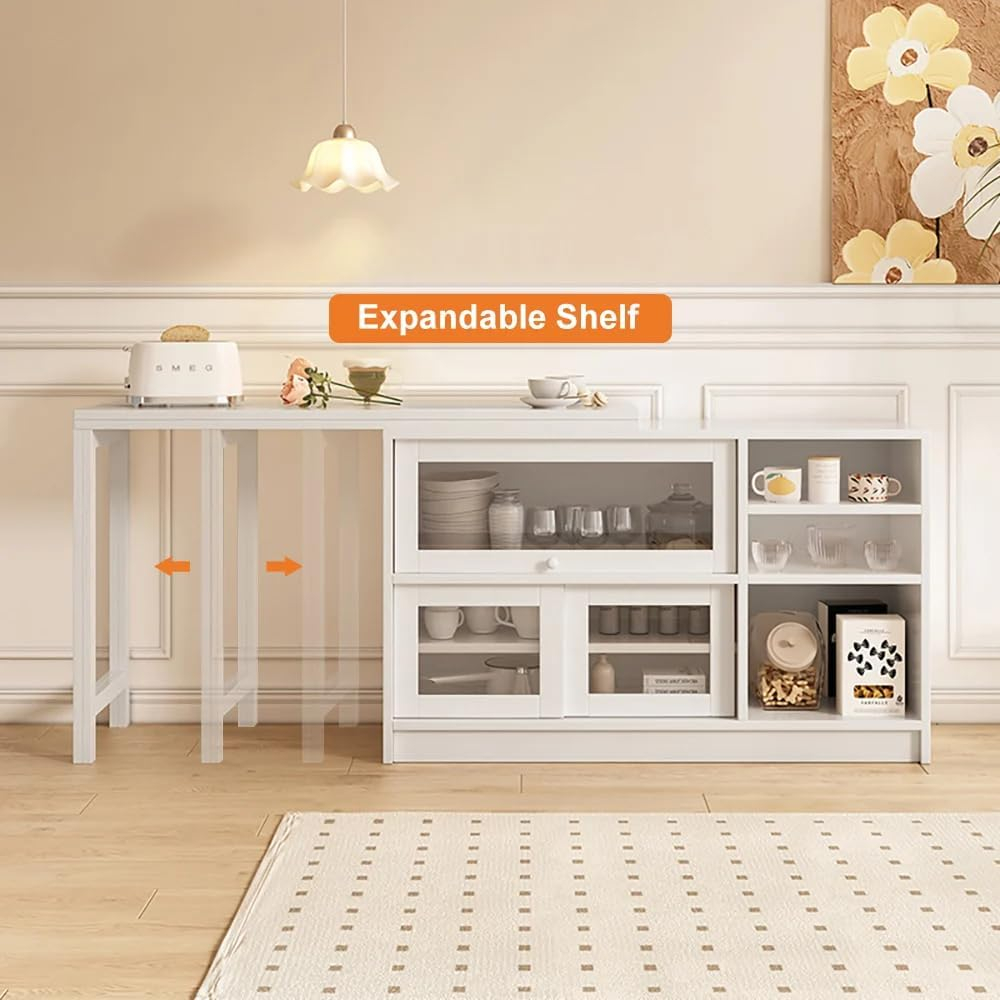 47" White Storage Sideboard Cabinet Extendable Wood Buffet Foldable Dining Table