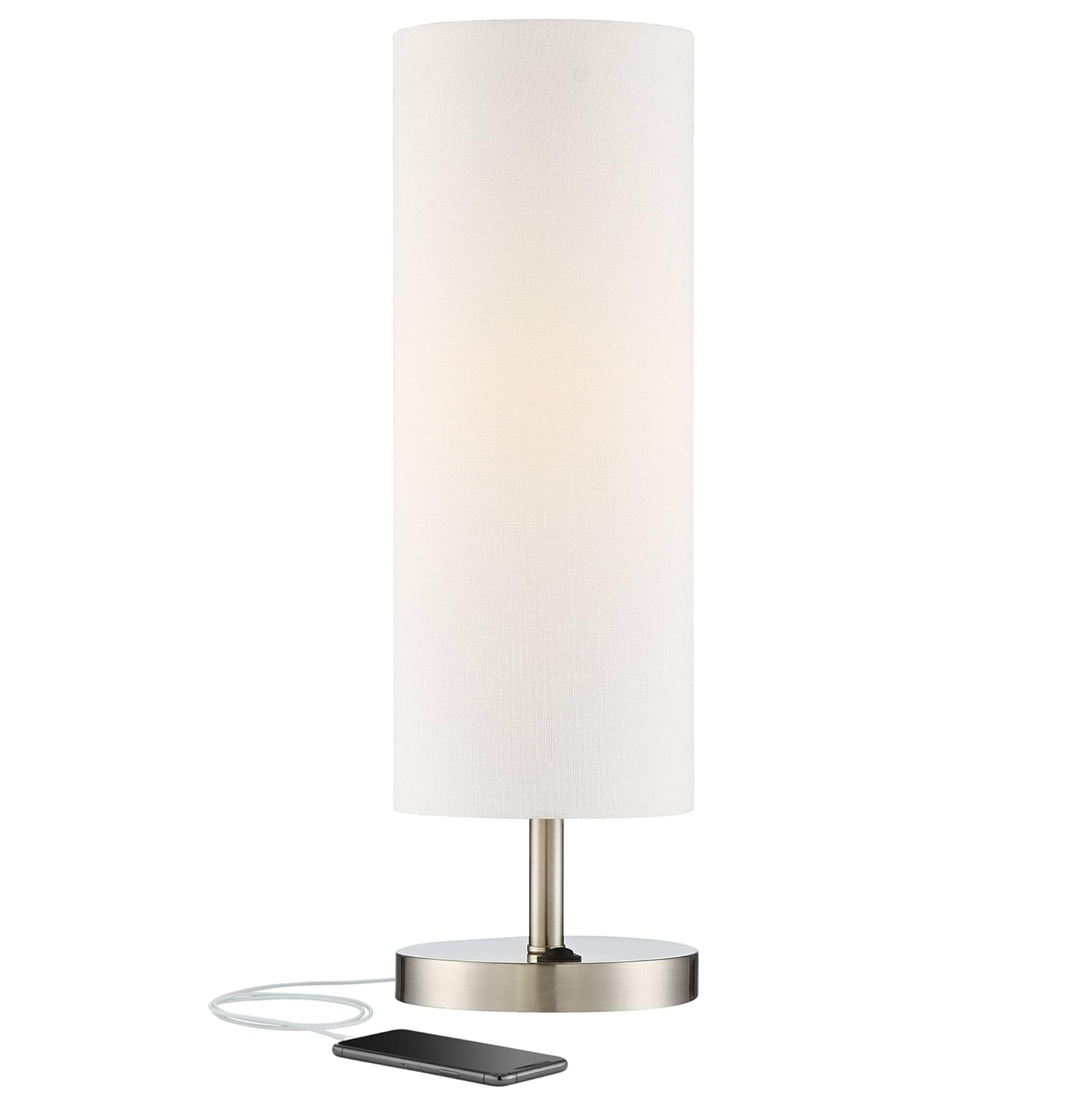 20" Brushed Nickel Table Lamp with White Fabric Shade and USB Port