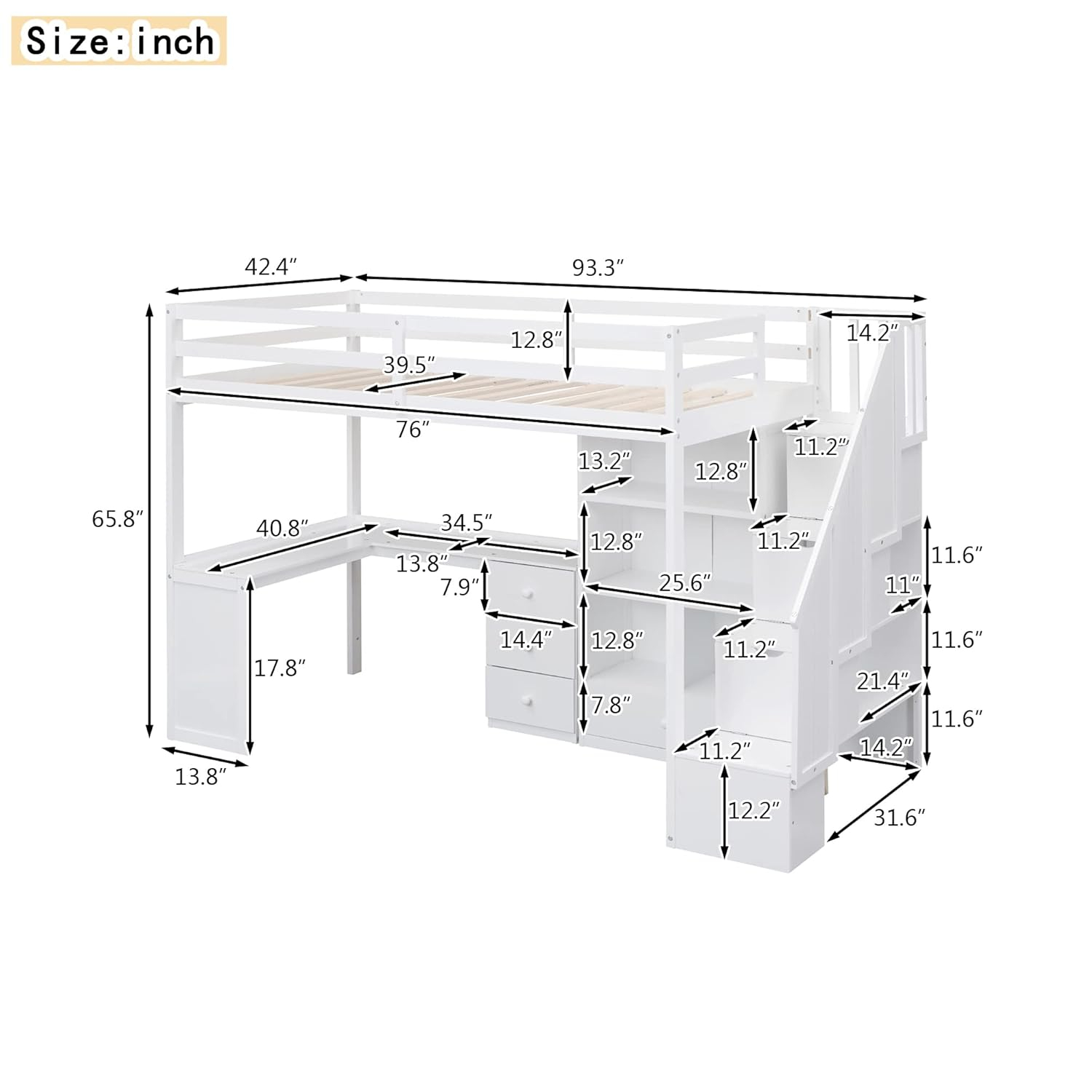 Bellemave Twin Size Loft Bed with Desk and Stairs Wood Loft Beds with Storage Cabinet and Bookcase High Loft Bed Frame with Staircase Shelves for Kids, Teen, Boys, Girls, White