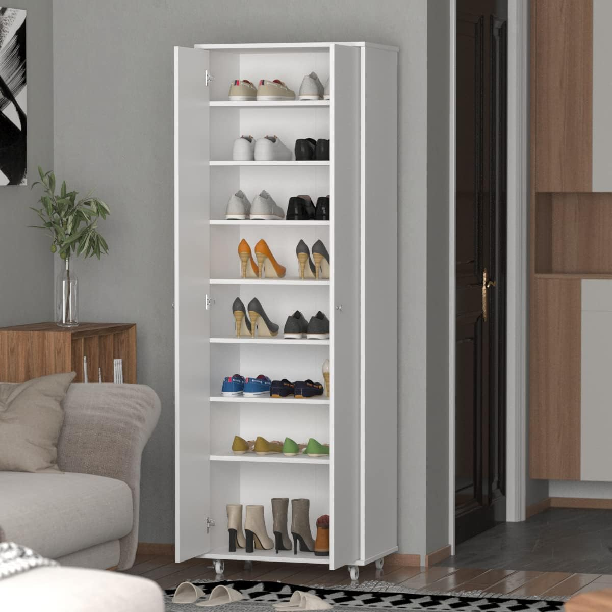 71" Closet Storage Cabinet 8-Tier Shoe Rack with Wheel Entryway Shelf - 23.6"L x 15.7"W x 70.9"H