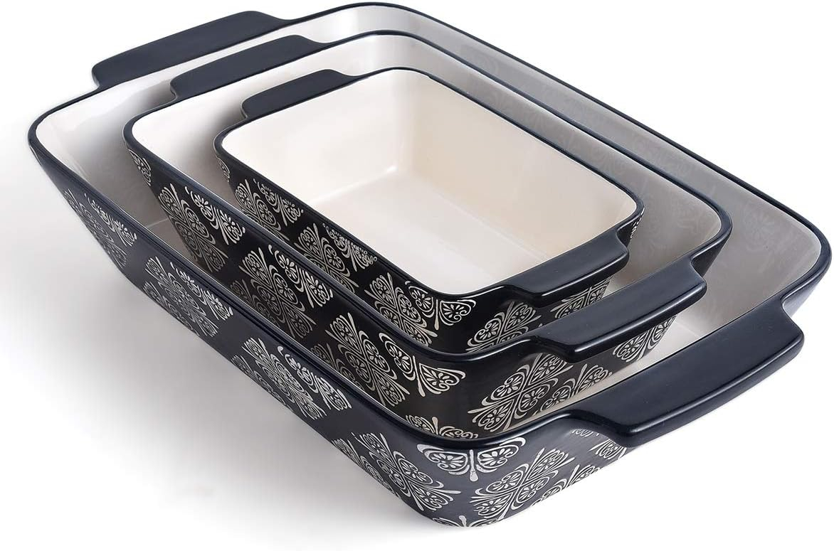 SWEEJAR Rectangular Ceramic Bakeware Set, Non-Stick Roasting Pan with Handles Baking Dishes,Casserole Pans for Cake Dinner, Set of 3 - Red