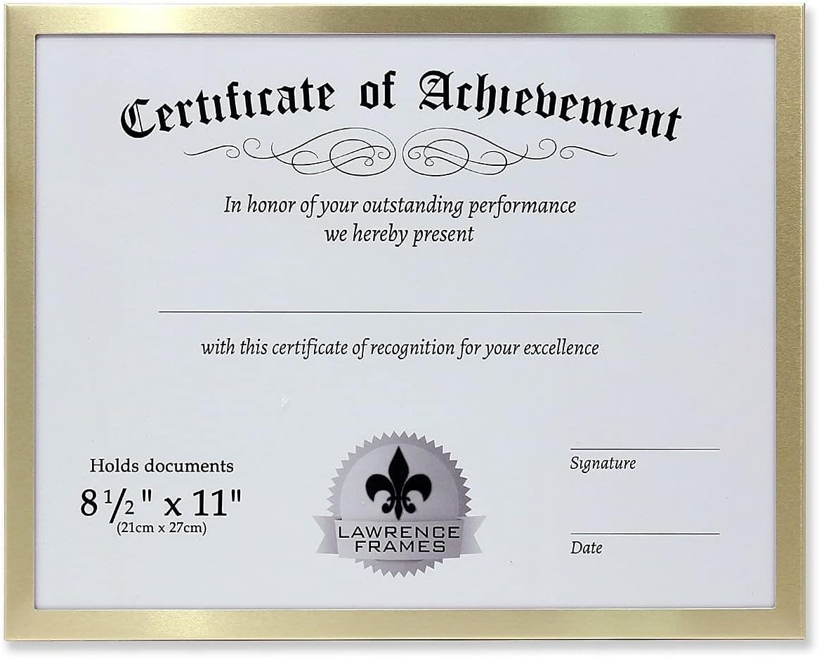 Certificate-size Brushed-Gold Aluminum 11x8one-half inch frame by Lawrence - 8.5x11