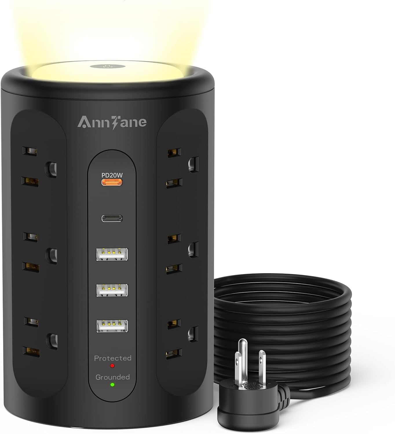 Power Strip Tower with Night Light, Power Strip Surge Protector with USB Ports, Extension Cord 10 FT with Multiple Outlets (12AC+3A+2C) for Home Office Desk DormRoom (Black)