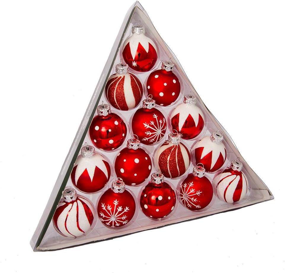Kurt Adler Red and White Decorated Glass Ball Christmas Ornaments 15 Pieces